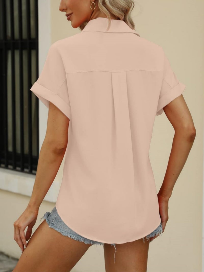 Beautife Womens Short Sleeve Shirts V Neck Collared Button Down Shirt Tops with Pockets Pink - Image 5